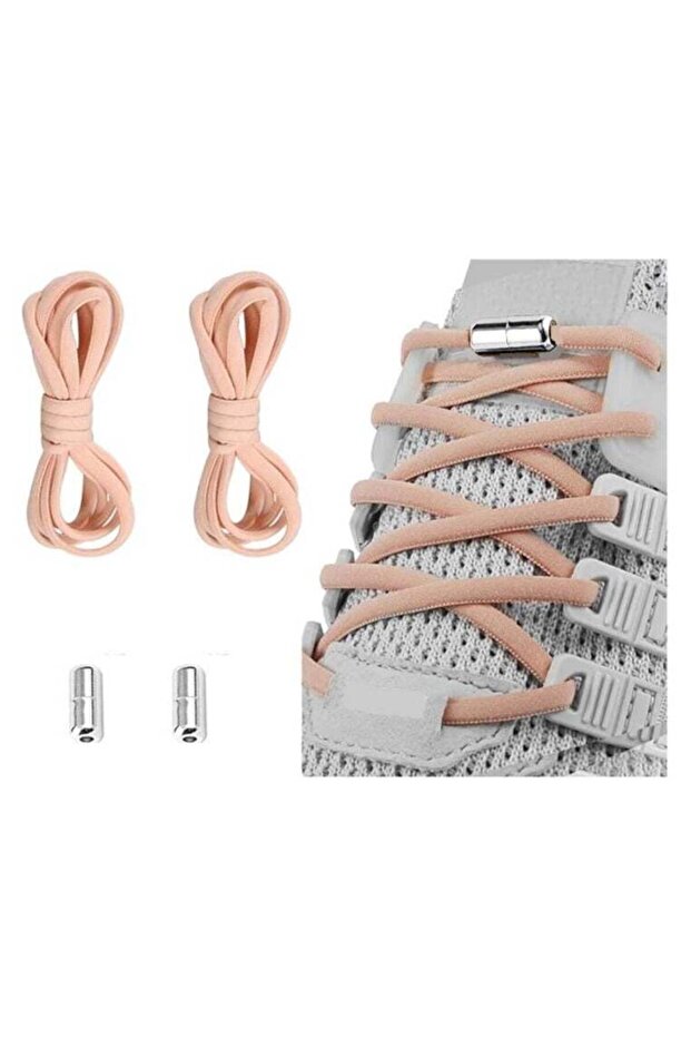 Elastic No Tie Shoe Lace Pair (Peach Lace with Silver Cap)