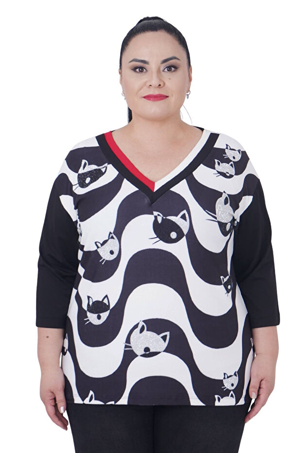 Plus Size Cat Print V-Neck Capri Sleeve Blouse