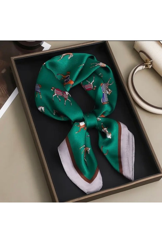 Hei Dark Green Horse Pattern Stylish Silk-Like Square Scarf Foulard Women's Accessory
