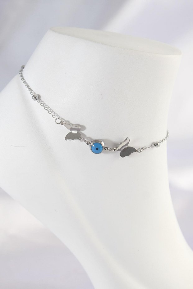 316L Steel Silver Color Evil Eye Bead Detail Butterfly Anklet