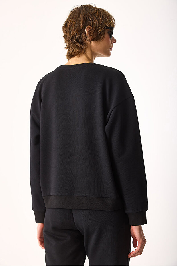 Women's Rhona Crew Neck Regular Fit 3 Thread Sweatshirt 100% Cotton - Black