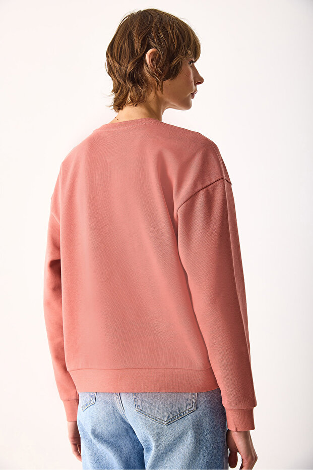 Women's Rhona Crew Neck Regular Fit 3 Thread Sweatshirt 100% Cotton - Dusty Rose
