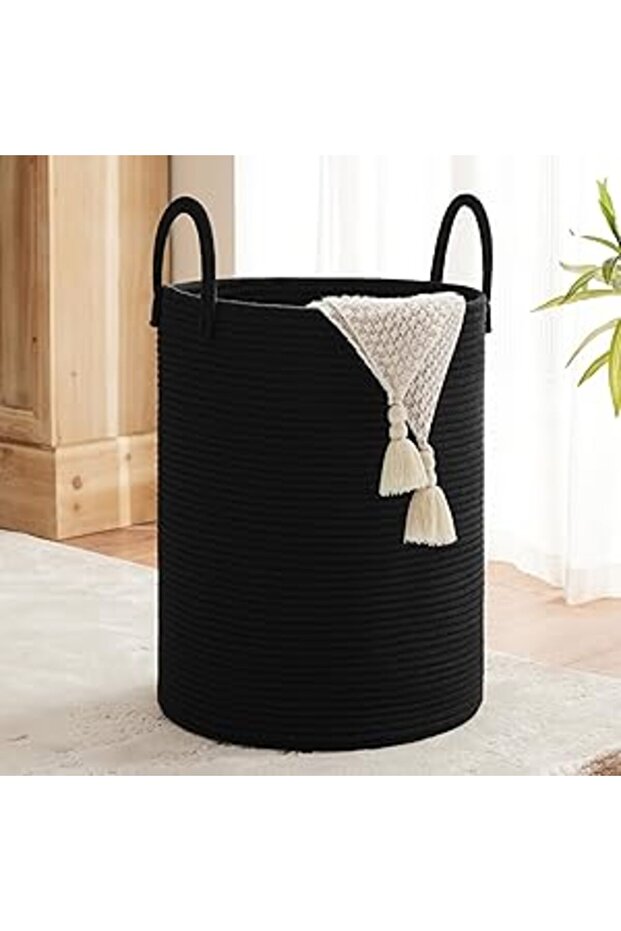 TECHMILLY Black Woven Rope Laundry Basket , 58L Baby Nursery Hamper for Clothes Blanket Storage, Lar