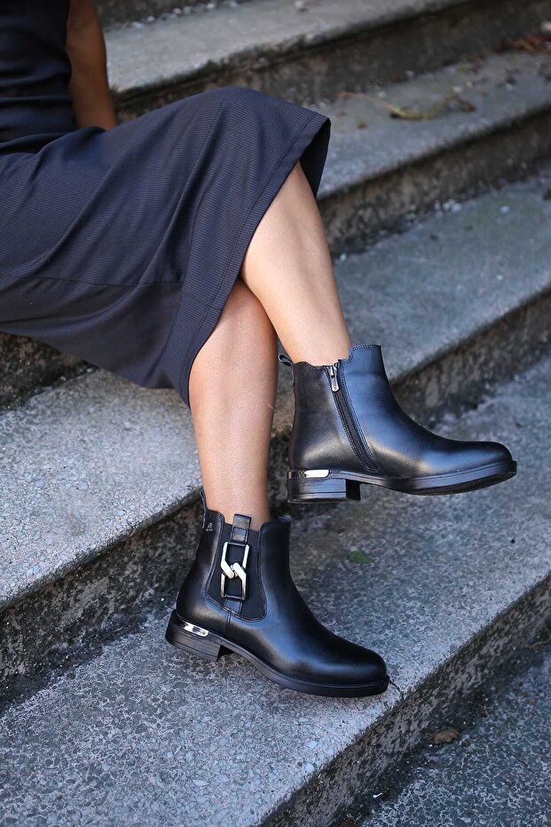 3203 Genuine Leather Low Heel Women's Boots with Rubber and Buckle Detail