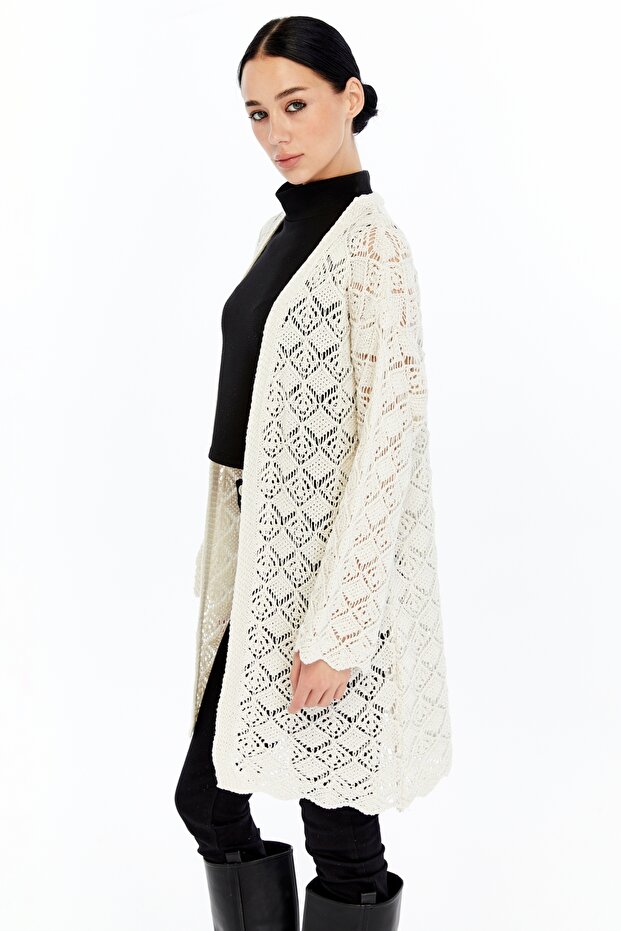 Women's Ecru Openwork Seasonal Knitwear Cardigan Ma903