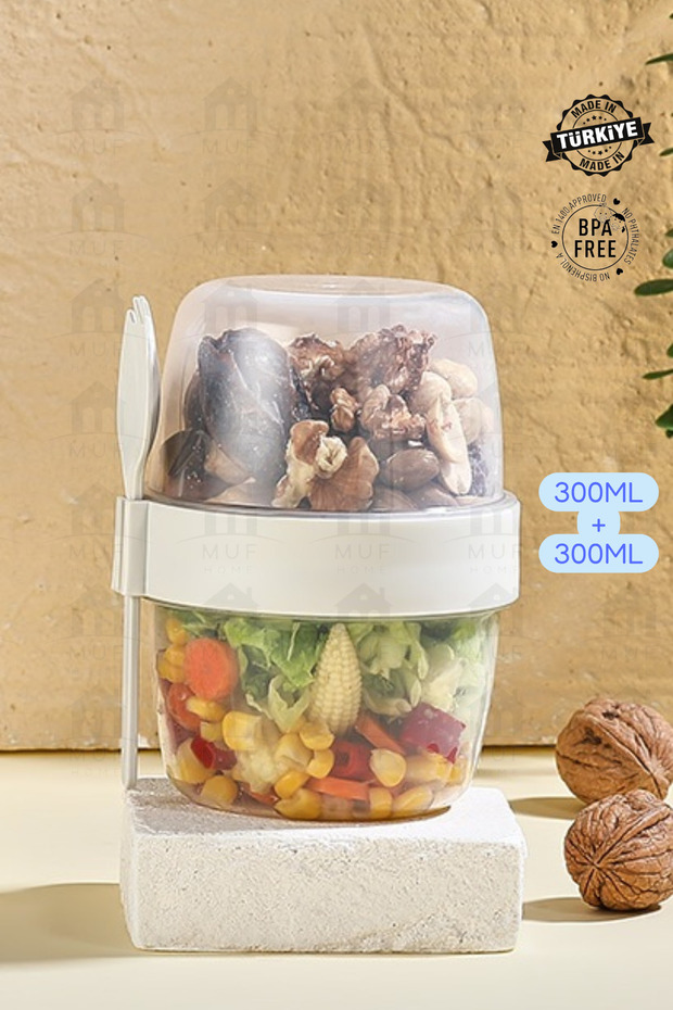 Diet and Yogurt Container with Spoon and Fork Oatmeal Muesli Snack Diet Storage Container (300ml + 300ml) - 1