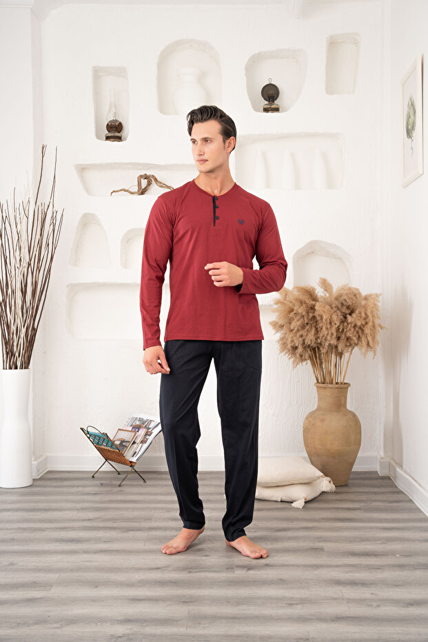 Men's Plus Size Burgundy Classic Long Sleeve Buttoned Pocketed 100% Cotton Seasonal Pajama Set