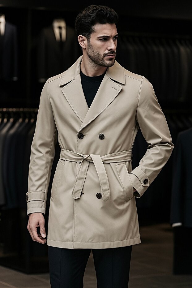 Men's Regular Fit Beige Double-Breasted Trench Coat with Belt (Removable) Mid-Length Lycra Fabric