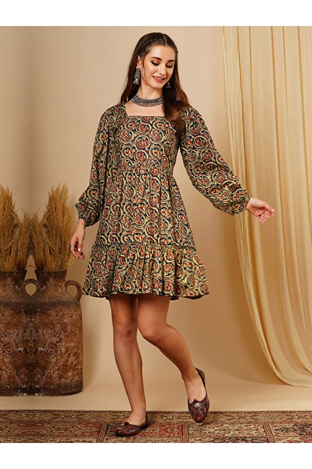Multi Square Neck Ethnic Motifs Fusion Mini Dress