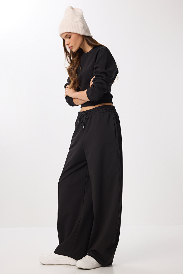 Pamuklu Barrel Fit Rahat Örme Eşofman Altı LEN0038 SİYAH - 2