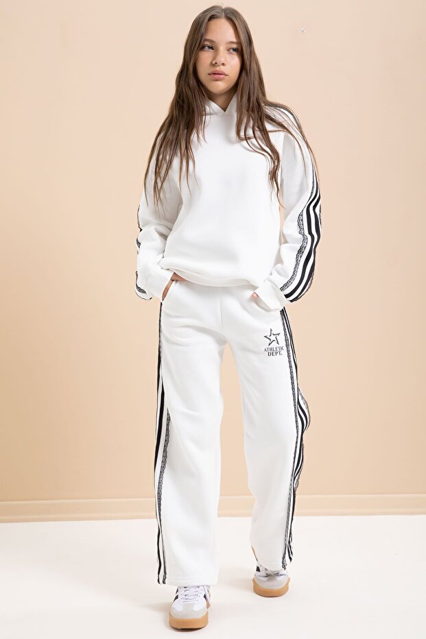 White 3 Thread Ribbed Stripe Lace Detailed Girls Hooded Tracksuit Set 22720