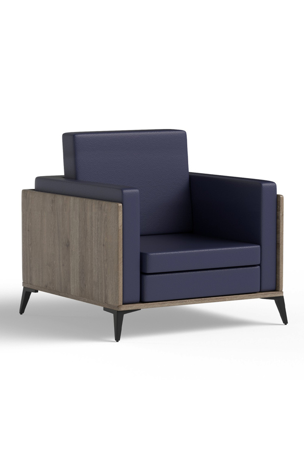 KD 3326 Truffle Davos Oak Wooden Single Seat Sofa with PU Cushion for Offices, Home - Blue