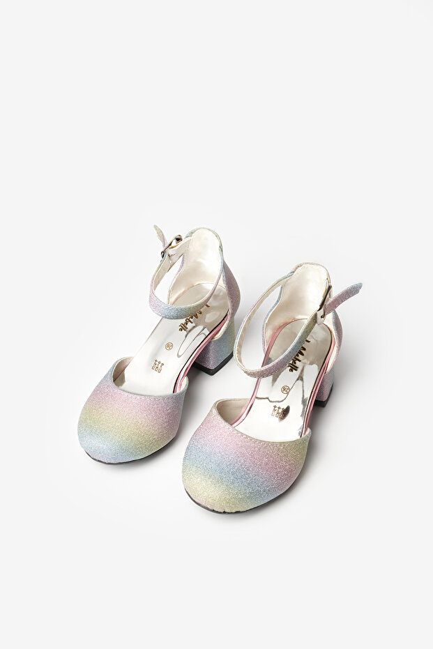 Çok Renkli Gökkuşağı Simli Topuklu Kız Çocuk Ayakkabı - 1