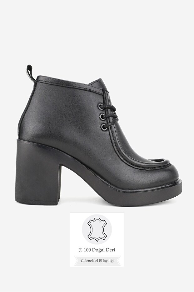 Women's Black Genuine Leather Size 36-41 Thick Heel Lace-Up Ankle Boots