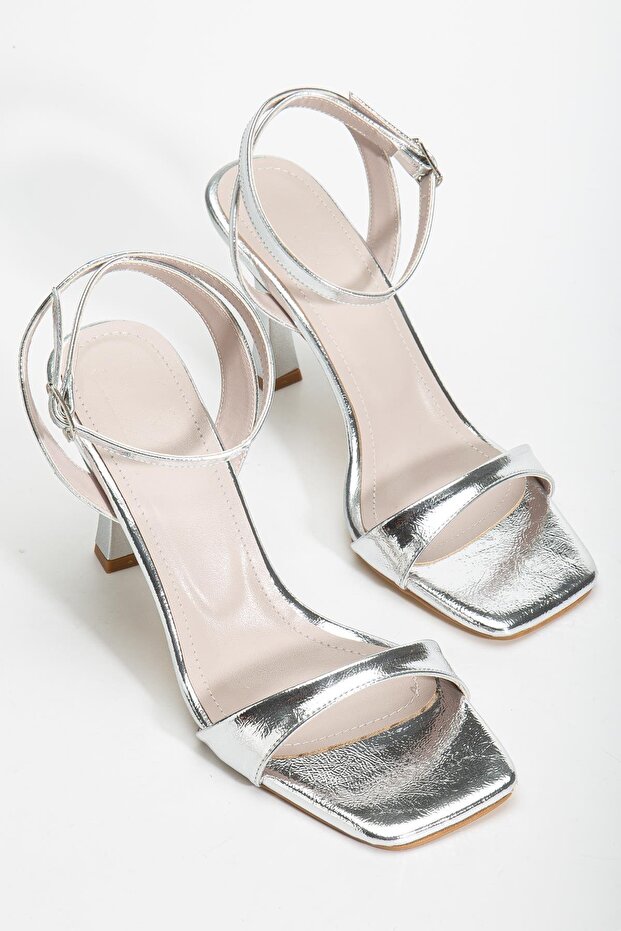 Women's Heeled Single Strap Sandals Shoes Silver Ankle Wrap