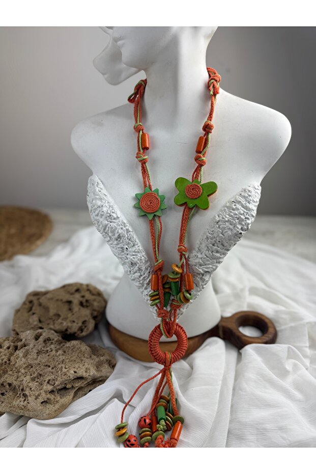 Ahşap çiçekli el yapımı uzun bohem kolye - 3