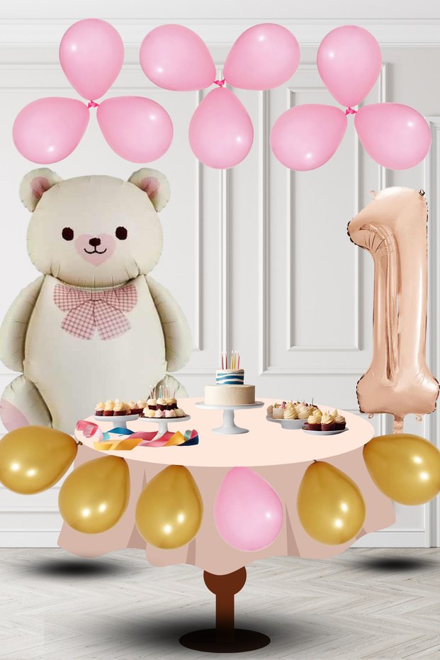 1 Year Old Retro Foil Cream Teddy Bear Pink Gold Balloon Rose Gold Number Birthday Decoration
