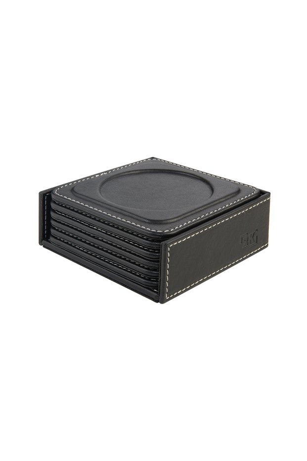 Coasters, Set of 6, Desktop Round Cup Coaster, Vegan Faux Leather, 11X11 Cm., Black