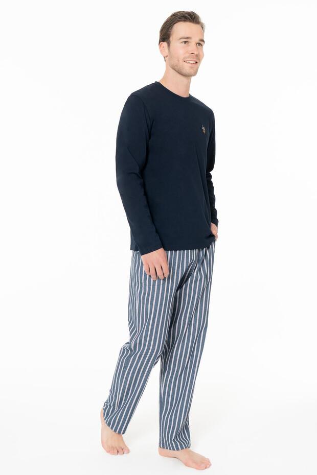 Men's Pajama Set, Bottom Striped, Top Solid Color