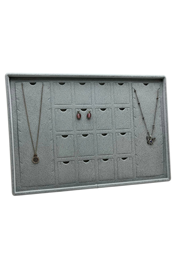 Suede Fabric Gray 34-24 cm Pedestal Necklace Display Stand with 18 Pads