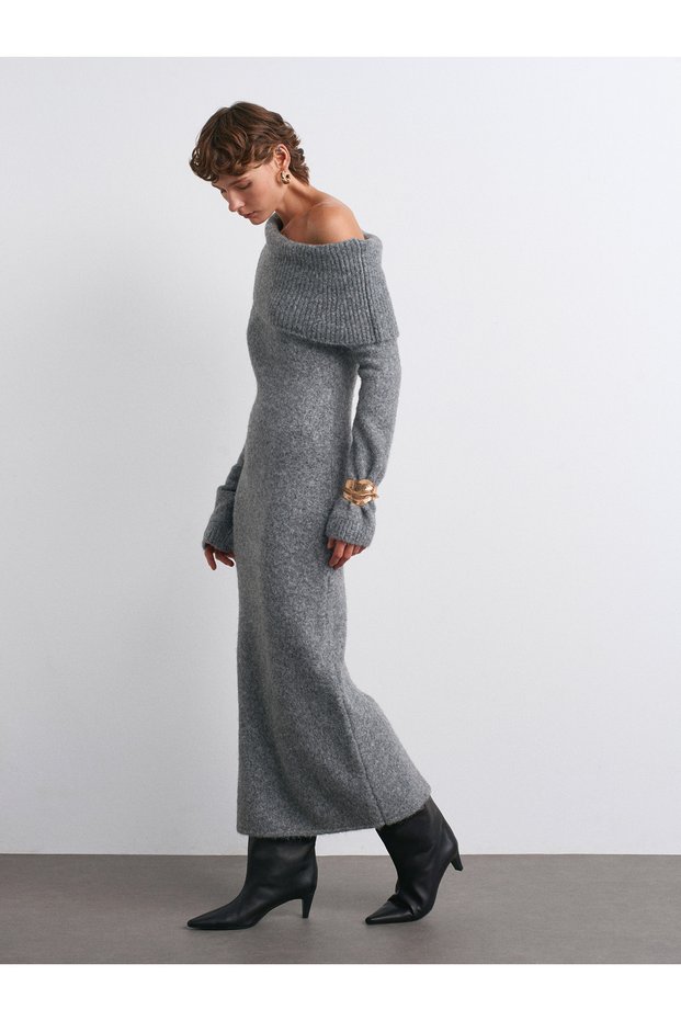 90259 Bardot Collar Soft Textured Knitwear Dress-Smoked M.