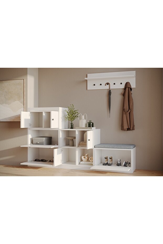 Çok Amaçlı ve Çok Fonksiyonlu Modern 7 Kapaklı Askılıklı ve Puflu Ayakkabılık - 3