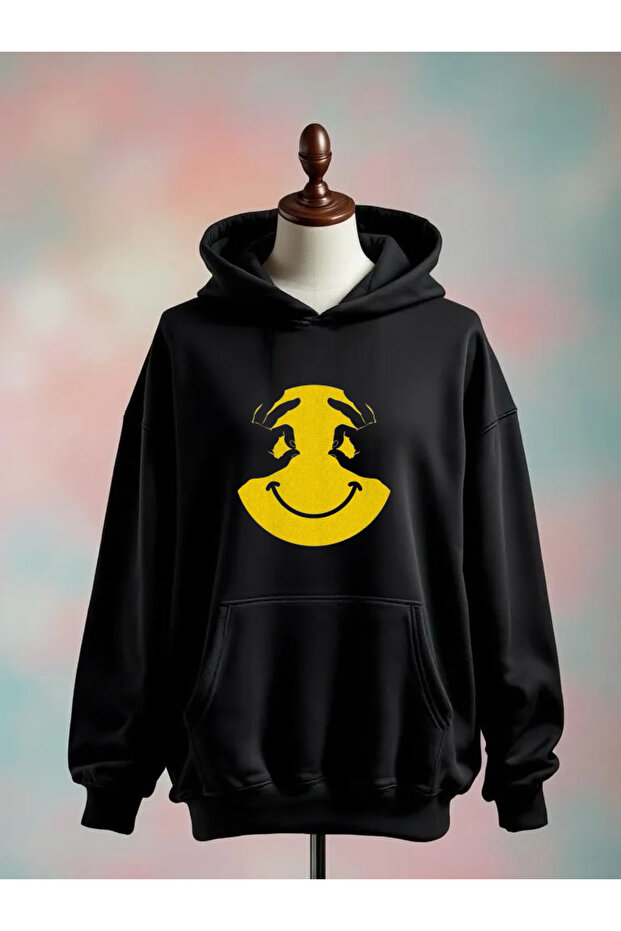 Printed Cotton 3 Thread Oversize Black Sweatshirt
