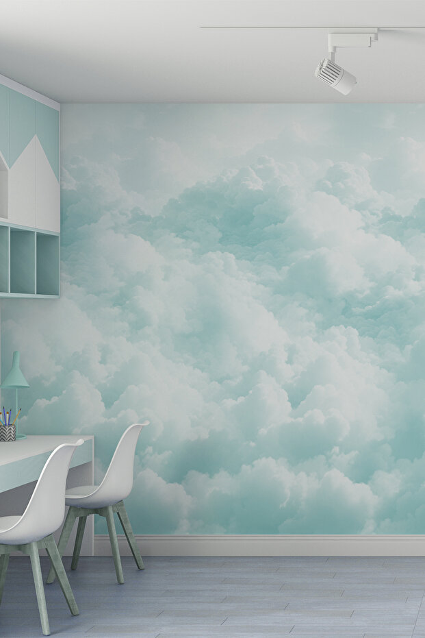 Mavi Bulut Desenli Tekstil Duvar Kağıdı - 1