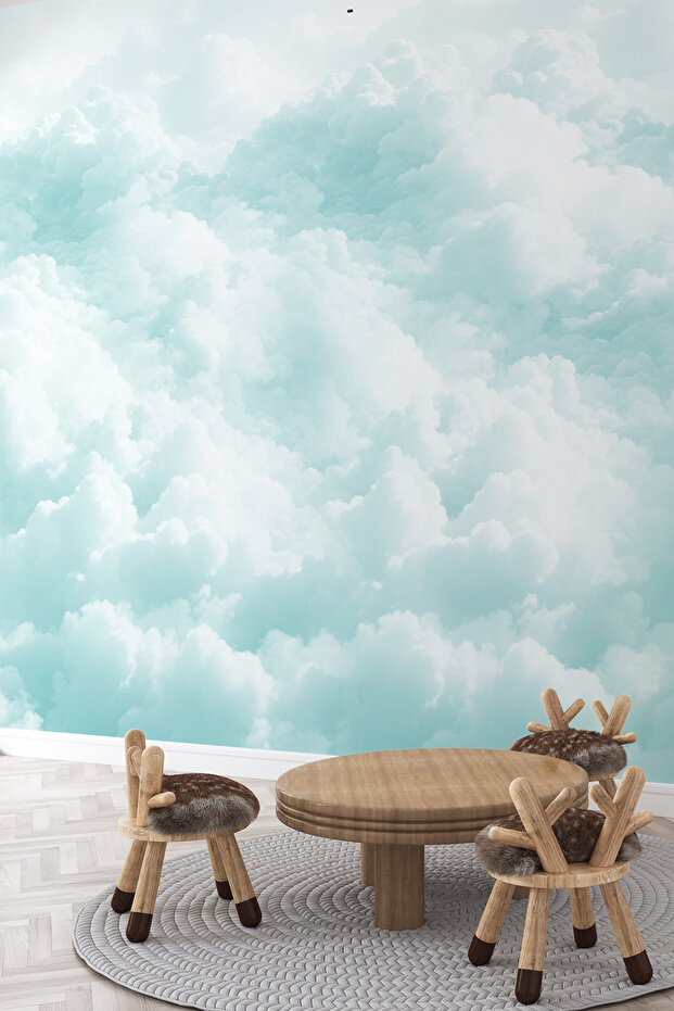 Mavi Bulut Desenli Tekstil Duvar Kağıdı - 2