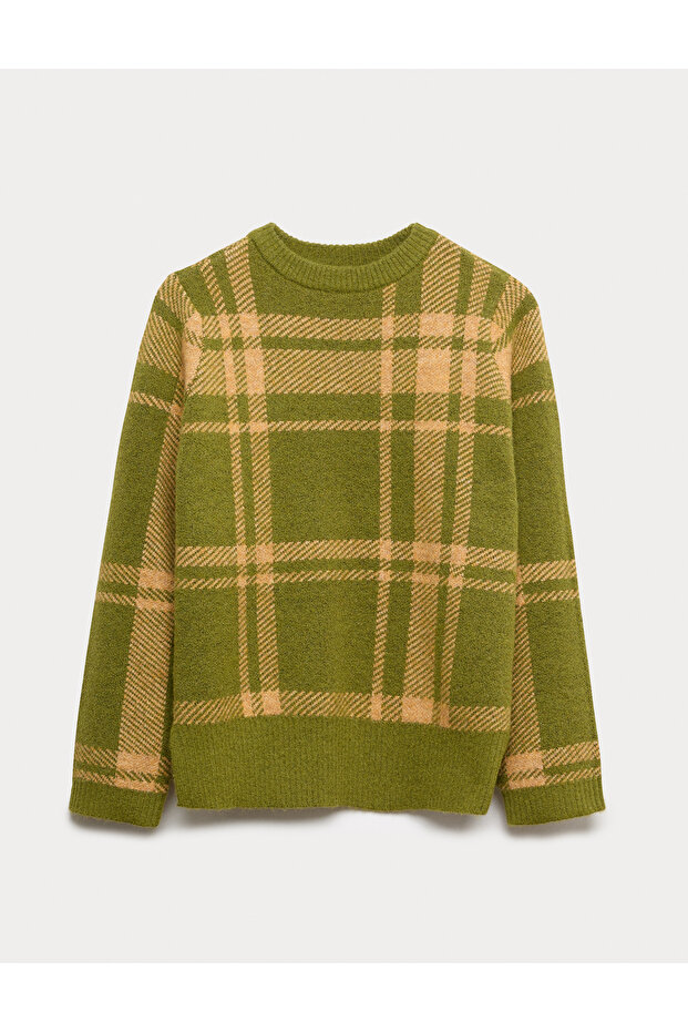 Ekose Desenli Relaxed Fit Yünlü Kazak - 1