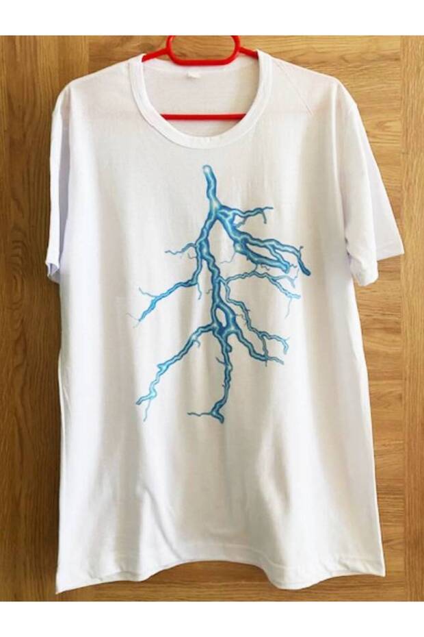 Blue Lightning Printed White Men's Unisex T-Shirt T-Shirt