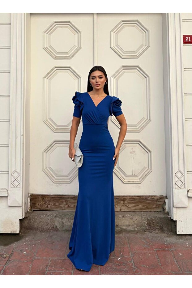 Double Breasted Collar Fish Scuba Evening Dress Cobalt Blue 582863