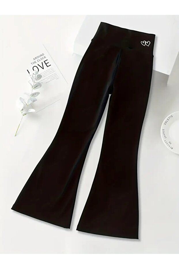 Kız Çocuk Siyah Minmal Kalp Baskılı İspanyol Paça Pantolon - 1