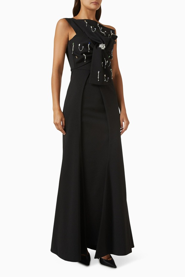 Black Crystal Embroidered One-Shoulder Dress, Modern Elegance