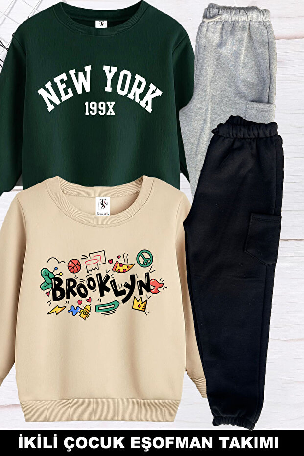 Brooklyn and Mixed Print Inside Embroidered 2-Piece Pack Green-Beige Unisex Children's Tracksuit Set