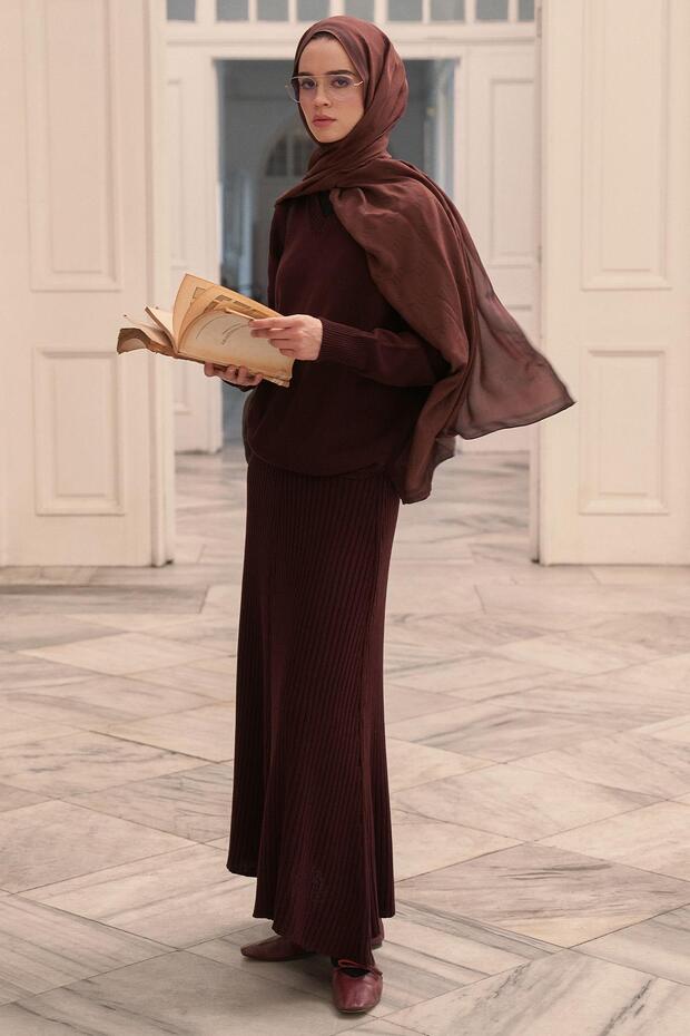 Ribbed Knitwear Skirt Set Plum