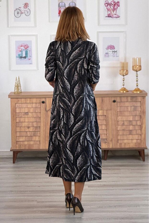 Siyah Kahve Yaprak Desenli Zımparalı Süet Elbise - 4
