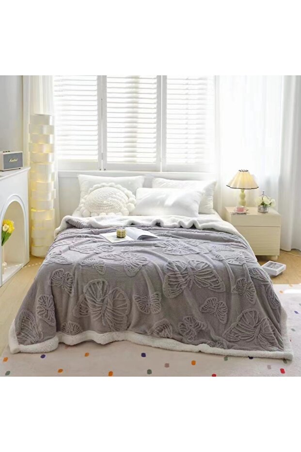 Cocolino blanket with plush back for double bed, embossed butterfly pattern, practical, fine texture, BF-7 - 1