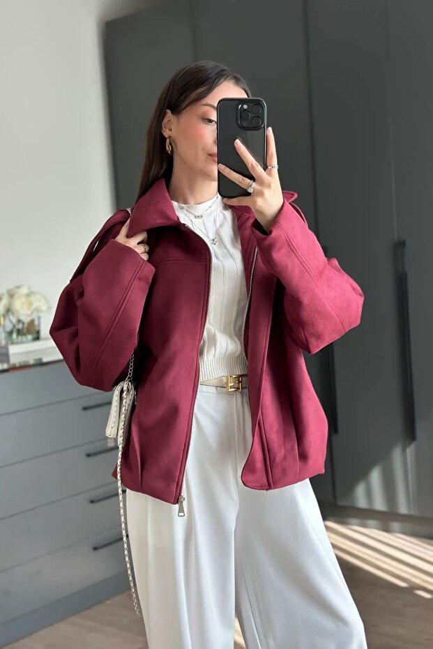 Bomber Suede Oversize Cut with Lining Design Equivalent to Shoulder Detail Coat Jacket