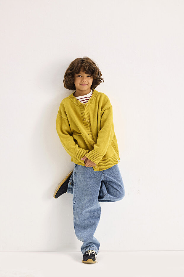 Yünlü Oversize Triko Hırka Sarı - 4