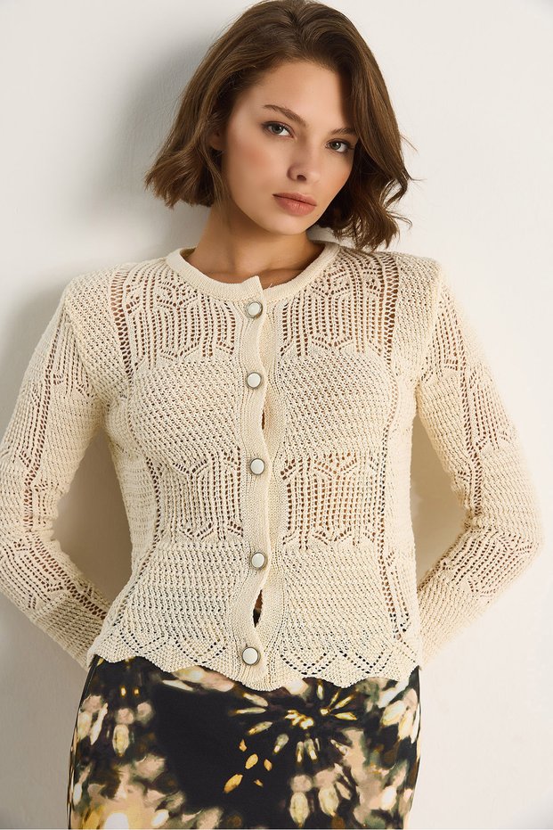 Women's Ecru Perforated Embroidered Knitwear Cardigan 20251045