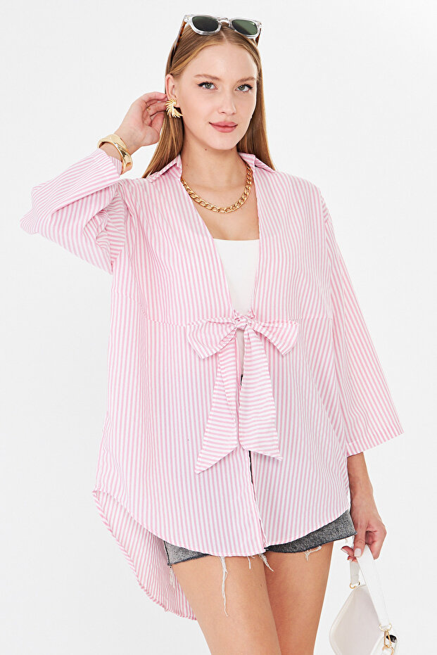 Women's Pink Striped Front Tie Kimono Shirt Arm-25Y001085