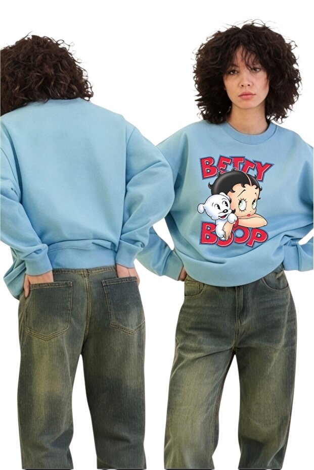 Unisex Long Sleeve Betty Boop Transfer Printed Crew Neck Sweatshirt