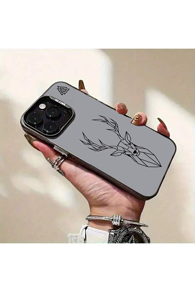 Triangle Deer Design Metallic Look Matte Silicone Case Compatible with iPhone 16 - 4