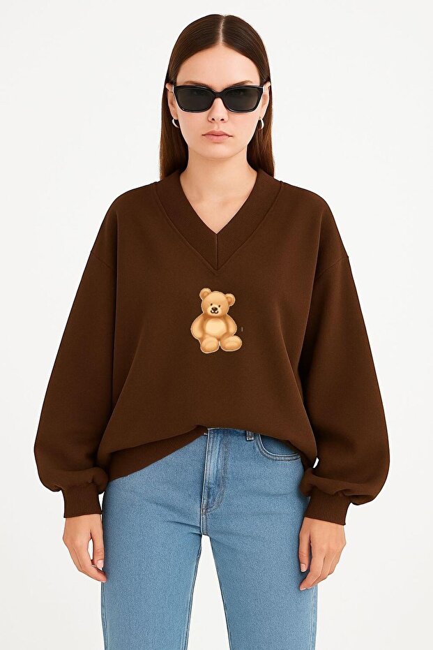 Bear Printed Unisex V-Neck Sweatshirt
