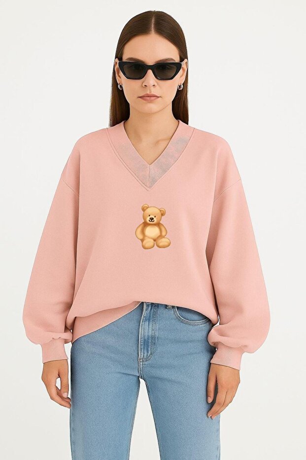 Bear Printed Unisex V-Neck Sweatshirt