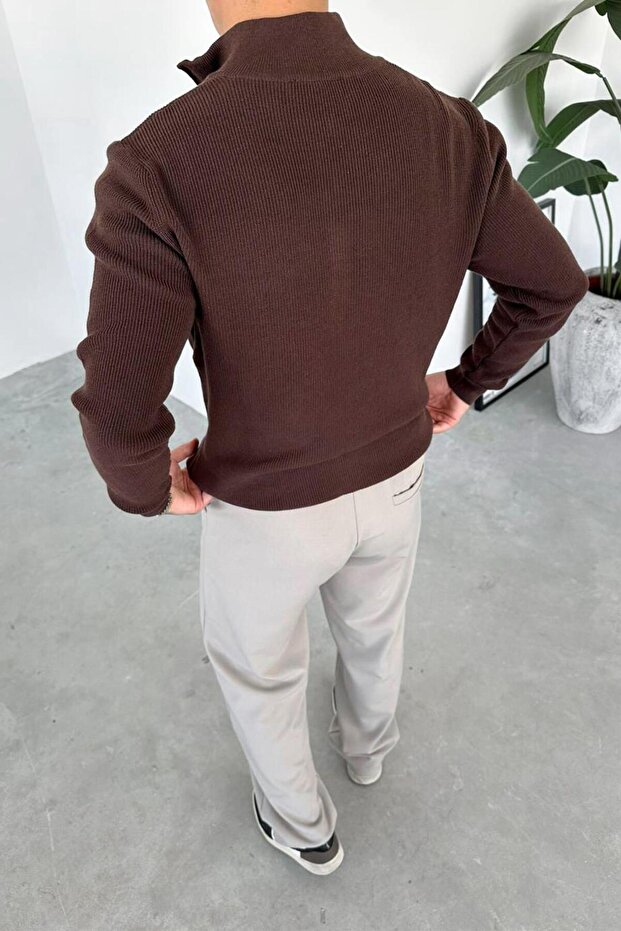 Brown Basic Ribbed Half Zip Relaxed Sweater - 3