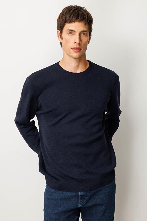 Men's Crew Neck Steel Knit Wool Sweater Dark Blue