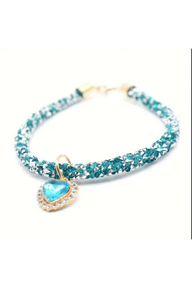 Sparkling Heart Ornamented Cat Dog Collar Necklace with Stones Animal Accessories Luxury Pet Leash Blue