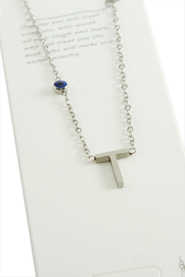 Silver Color Lettered Steel Necklace with Zircon Stone, Stylish Design